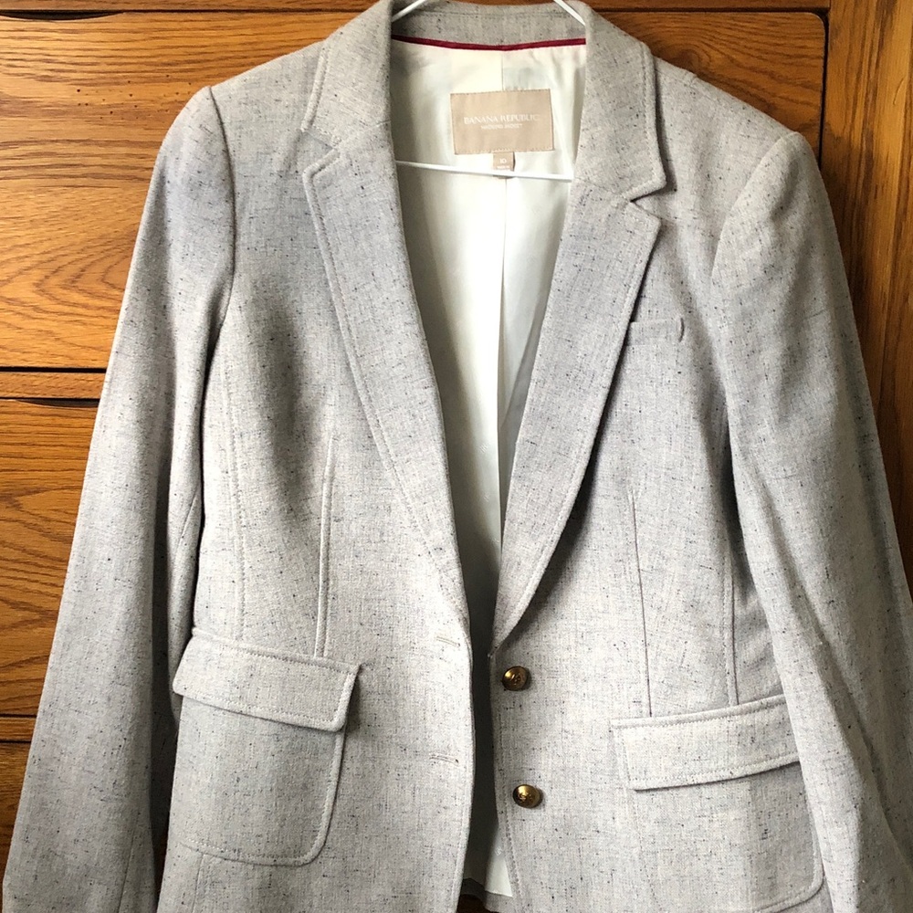 Banana Republic Light Gray Speckled Tweed Blazer with Gold Buttons